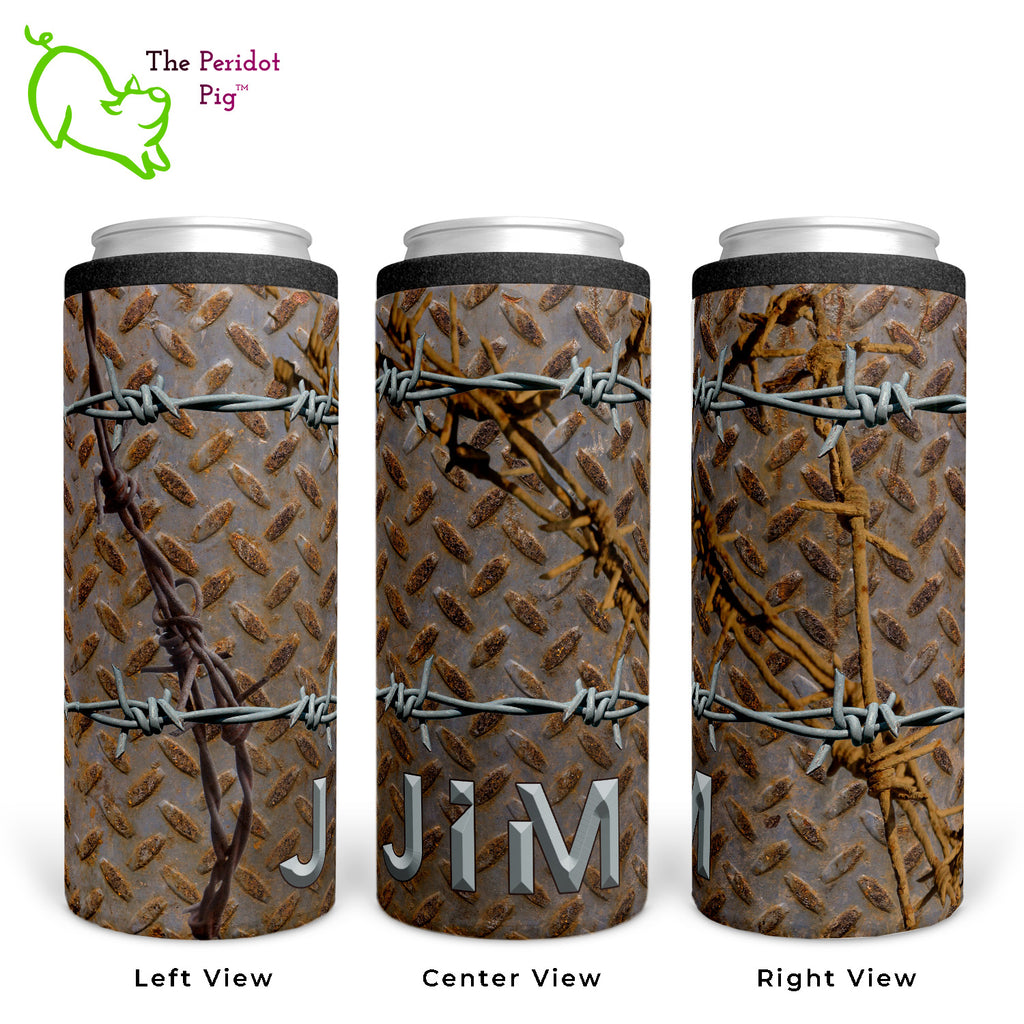 Nothing says "hands off my drink" like rusty barb wire! We've created an image of steel plate and barb wire with an edgy font for personalization. The personalization is a steel colored font with a beveled look. Shown in three views with a sample name.