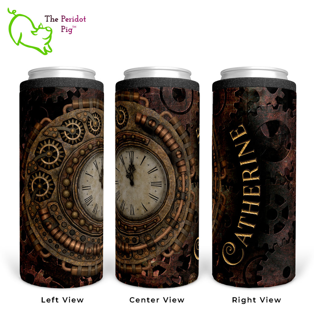 This hugger features a steampunk time theme. We've included gears and a vintage clock face in deep amber tones. We'll add in your name or text in a distressed scrolling font. Shown in three views with a sample name.