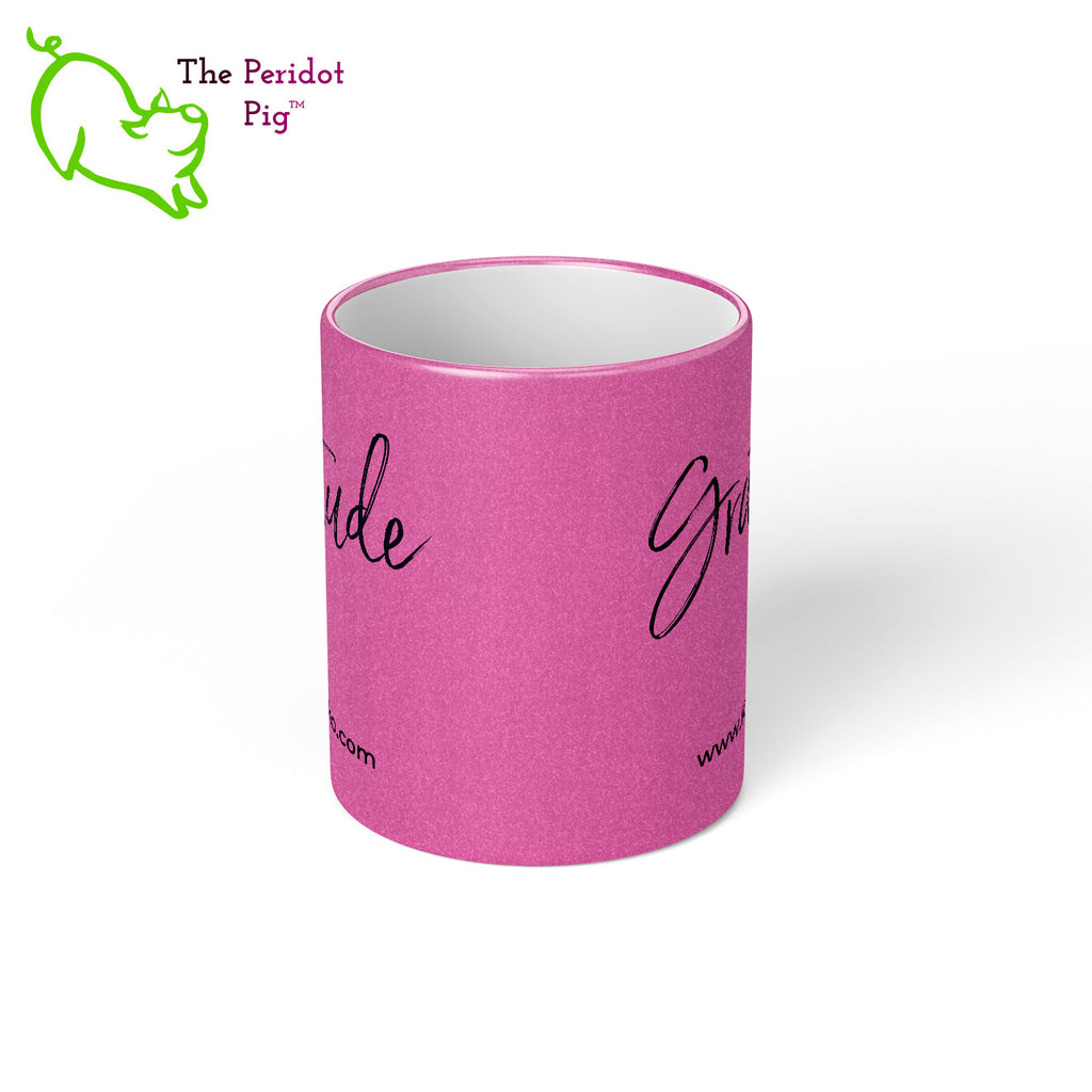 This beautiful magenta shimmer/metallic mug is so pretty! It's sturdy and glossy with a vivid print that'll withstand the microwave and dishwasher. The front and back feature the word, Gratitude along with Kristin's website URL, www.KristinZako.com. Center view.