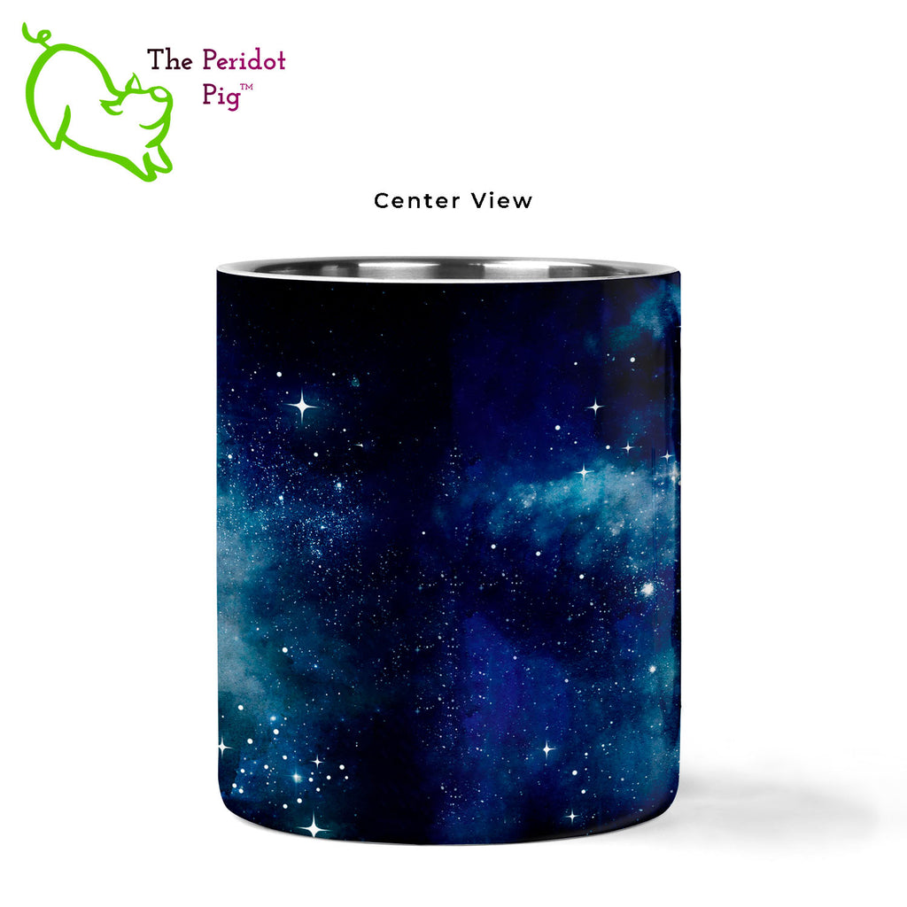 Introducing a wonderful 11 oz stainless steel mug with a vivid, permanent sublimation print. The mug has a red carabiner handle. Double walled, vacuum insulated to keep your coffee warm around the campfire. This light weight, durable mug is great for camping, backpacking or hiking. This version is personalized with the text of your choice. Starry Night shown, center view.