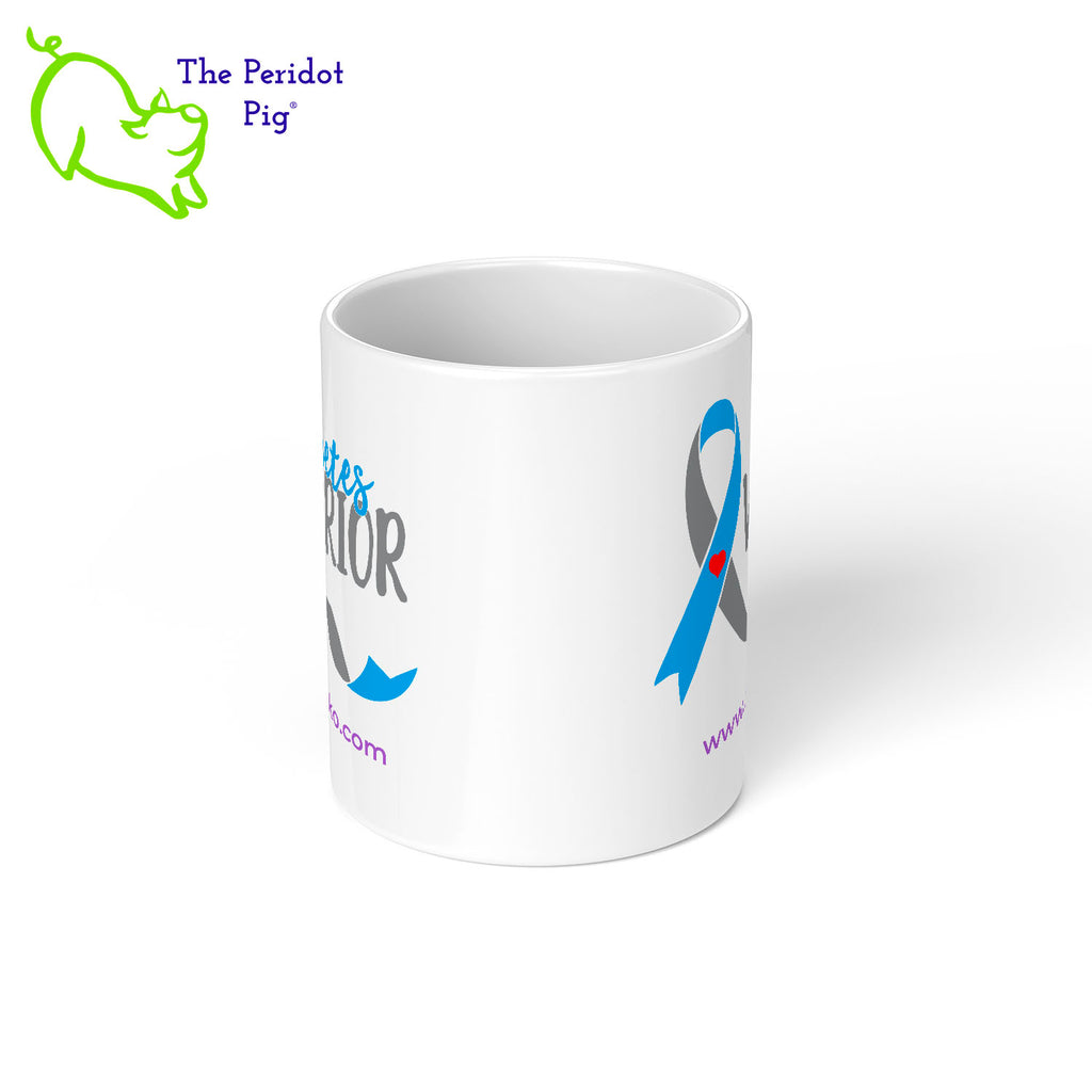 November is National Diabetes Month and these are the perfect mug to celebrate Diabetes awareness. Printed using vivid sublimation inks, these mugs won't fade or peel over time. The text says "Diabetes Warrior" with the Diabetes blue and gray ribbon featured on both front and back. Kristin Zako's home page URL is called out on both sides. Center view shown.
