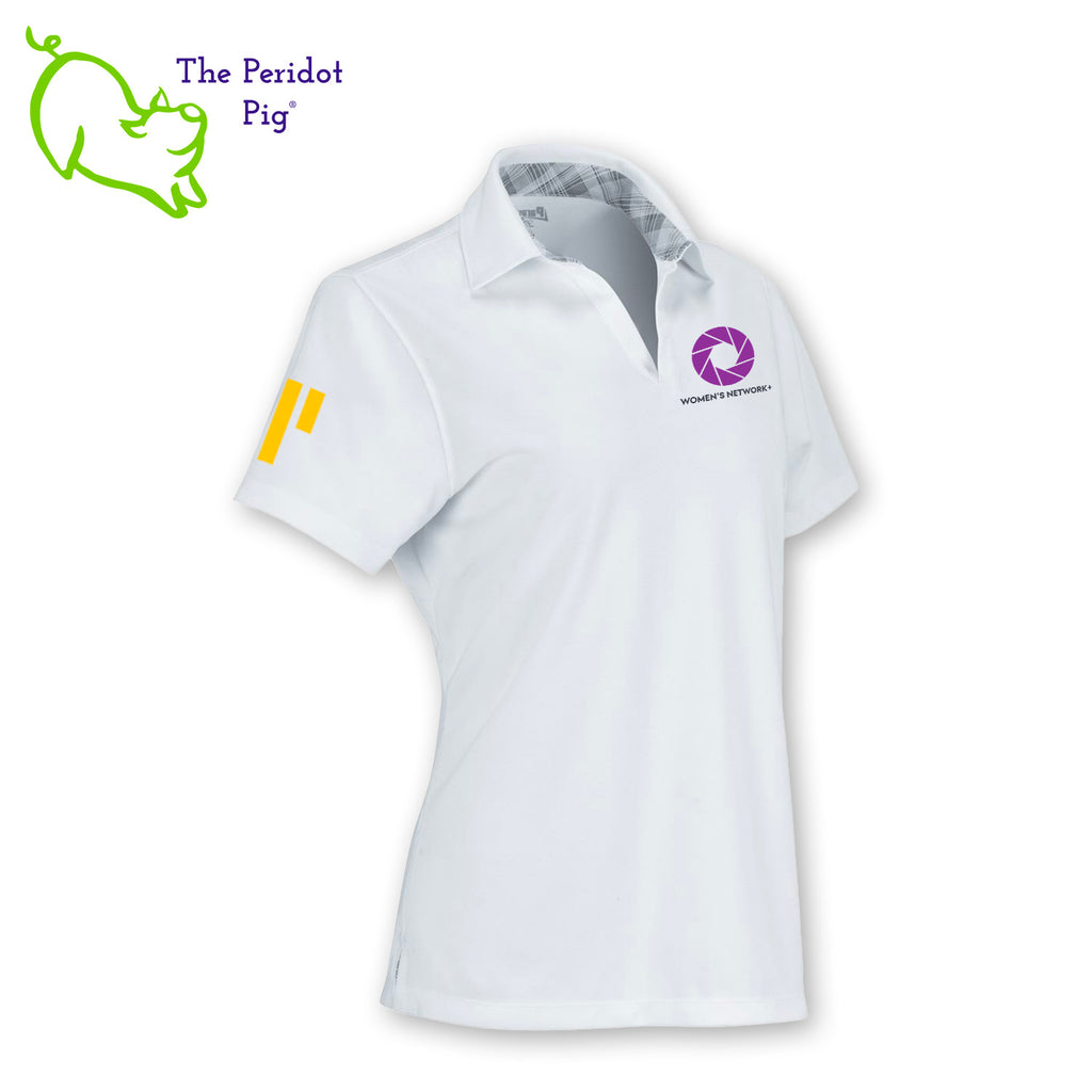 The Synchrony Financial Women's Network + logo is featured on the left pocket area along with the Synchrony bars on the right sleeve. The logos are printed in a permanent sublimation ink that will continue to last, wash after wash. Side view.