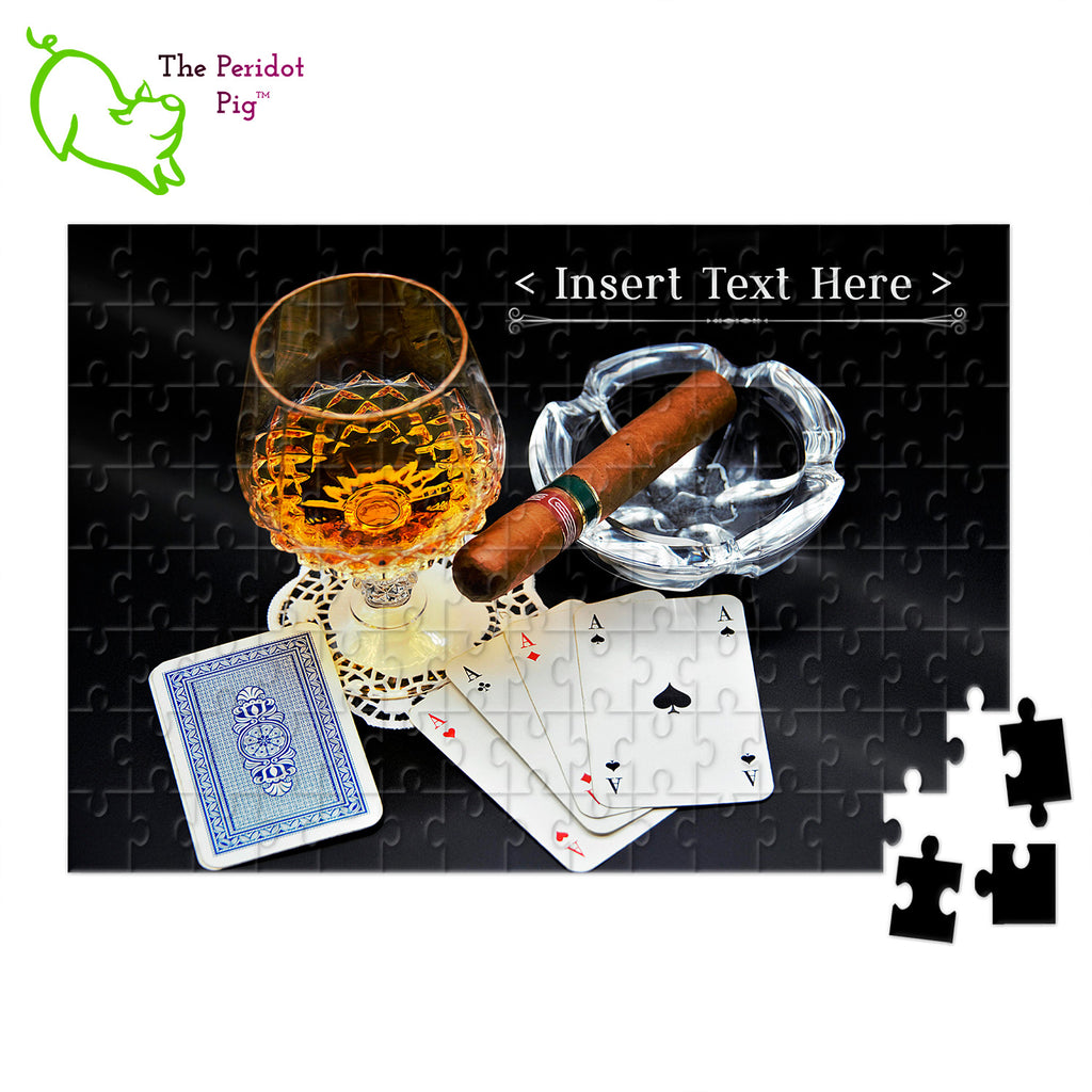 This set of cigar themed puzzles can be purchased as is or personalized with your own message. They'd be a perfect Father's Day gift! These puzzles look so simple but are actually rather hard! The pieces are very similar in size and the images have a lot of repetition. Style C personalized shown.
