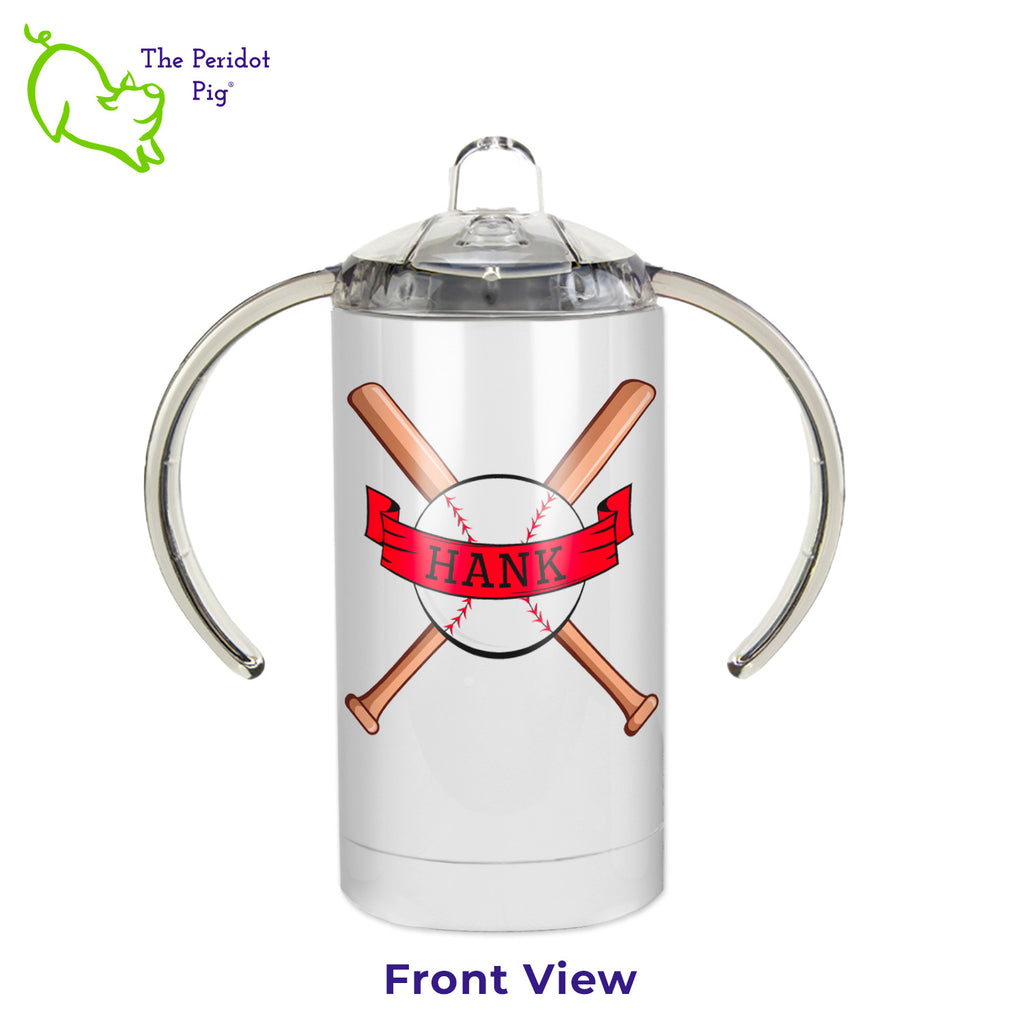 The perfect gift for baseball fan, new parents! Add the baby's name to this cute baseball themed sippy cup. These cups print beautifully in vivid color. We'll add their name in the bright red banner on both the front and back. Front view shown.