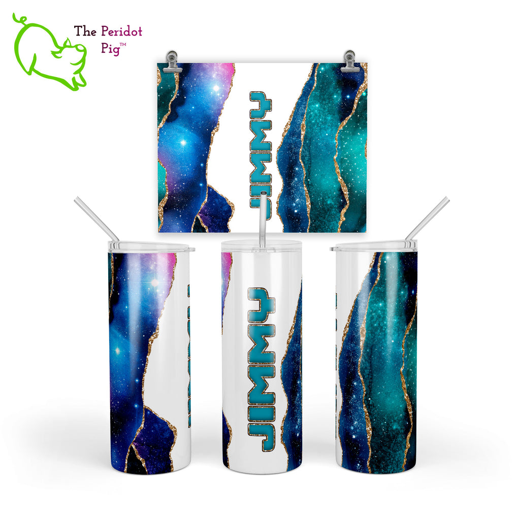 These tumblers have a vivid print featuring an "agate" design combined with a star field/galaxy theme. In addition, there's a hint of sparkle with simulated glitter borders. There's plenty of room for personalization here. Style C - Turquoise/Gold shown with example text.