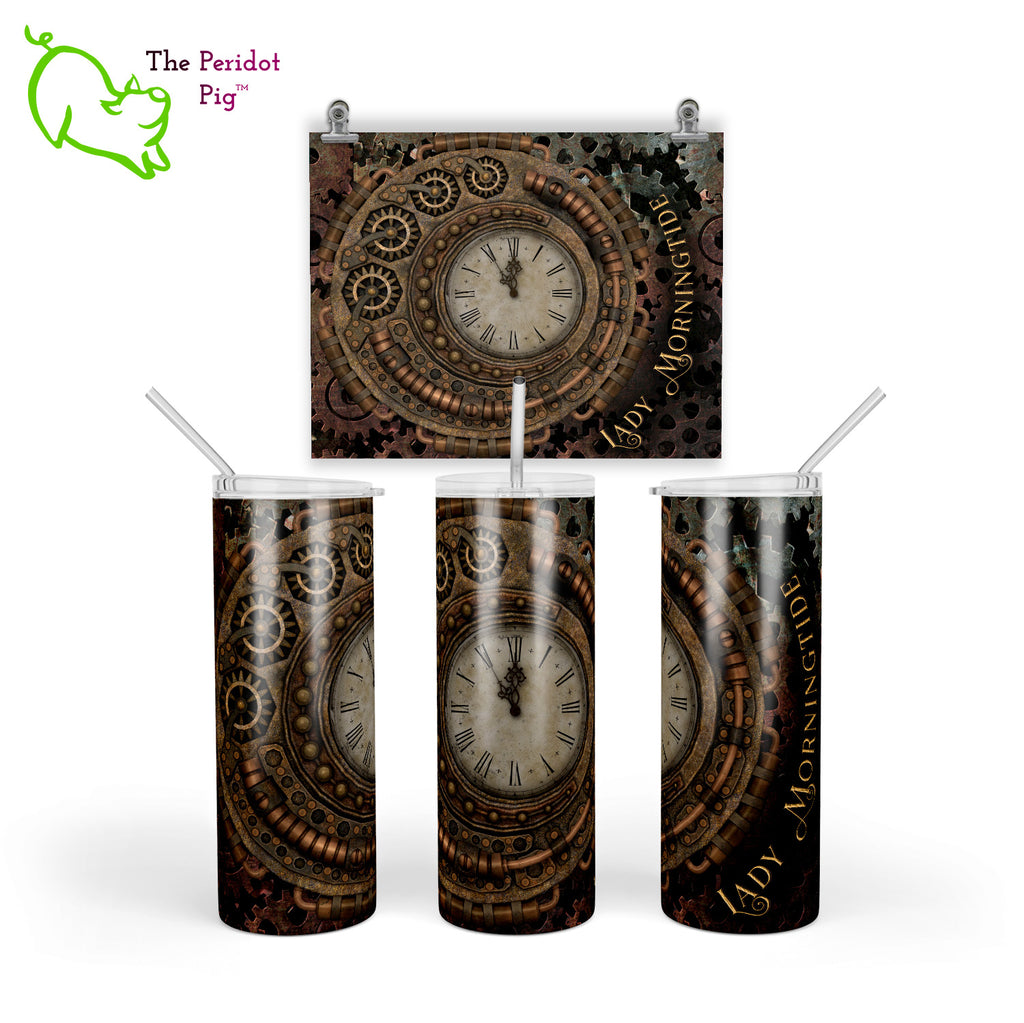 Another tumbler design featuring a steampunk theme. In this one, we've included gears and a vintage clock face in deep amber tones. We'll add in your name or text in a distressed scrolling font. Shown in three views with sample text.