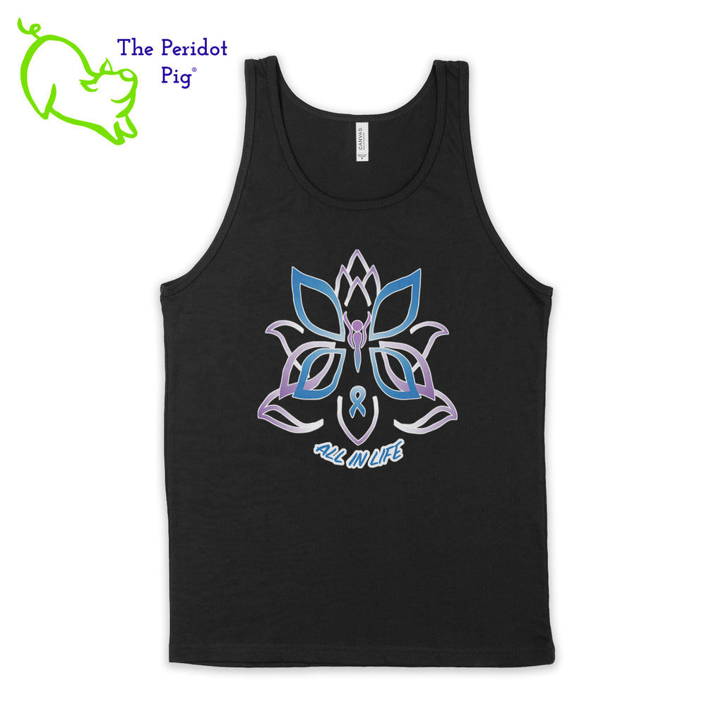 This unisex tank top boasts a nice drape, which is ideal for layering or dealing with the summer heat. The shirt features Kristin Zako's logo on the front in bright blue and purple colors on a white glitter vinyl print. The back is blank. Front view in black.