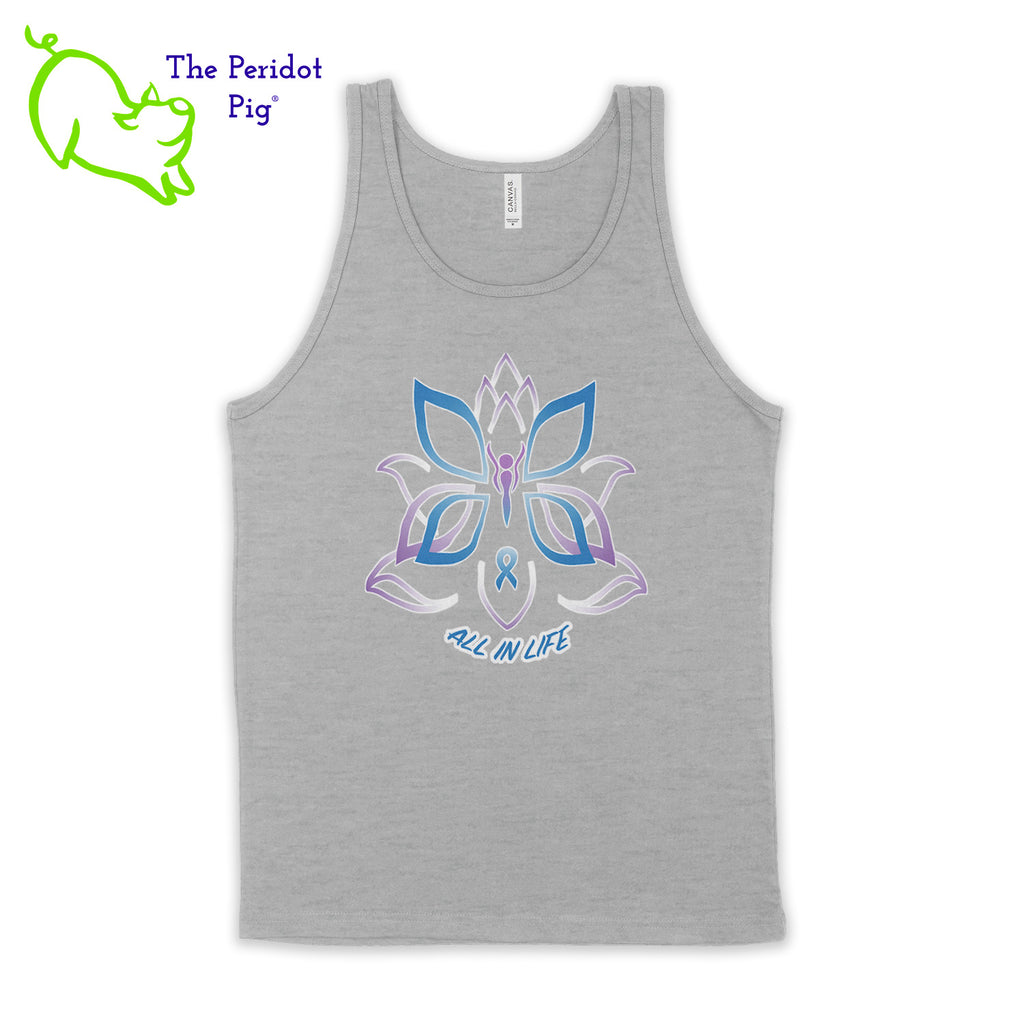 This unisex tank top boasts a nice drape, which is ideal for layering or dealing with the summer heat. The shirt features Kristin Zako's logo on the front in bright blue and purple colors on a white glitter vinyl print. The back is blank. Front view in gray.
