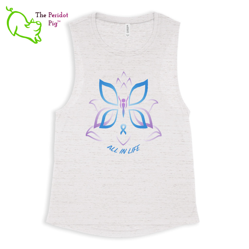 This comfortable muscle tank is soft and flowy with low cut armholes for a relaxed look. The shirt features Kristin Zako's logo on the front in bright blue and purple colors. The back is blank. The print is a translucent, faded "vintage" look due to the blend of the fabric. Front view in White Marble.