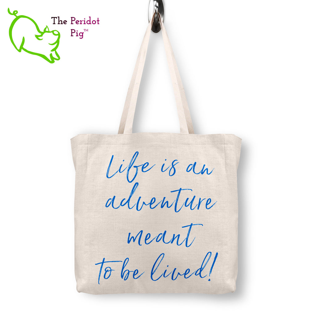 A spacious and trendy tote bag to help you carry around everything while reminding you that "Life is an adventure meant to be lived". These totes are very sturdy and feature a sublimated print that won't fade or peel over time. Back view with the phrase, Life is an adventure meant to be lived!