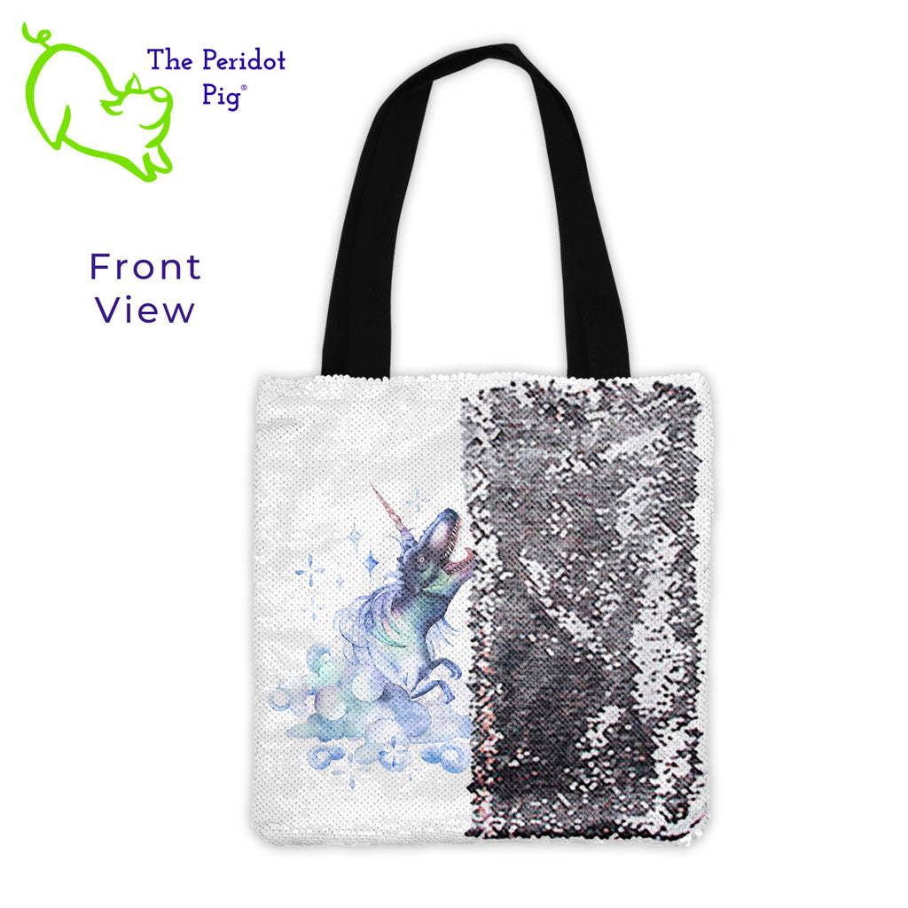 The DinoCorns are back just in time for Spring! We all need to add a bit of fun bling! This fun tote has "flip sequins" on the front like you've seen on pillows and other accessories. Flip them one way and it's a bright silver. Flip them the other way, the sequins are white with our fun DinoCorn prints.   Option A-Single has one DinoCorn with a "ROARR!!". Option B-Double has two DinoCorns depicted back-to-back with magical crystals. Option A shown front view with half the sequins flipped.