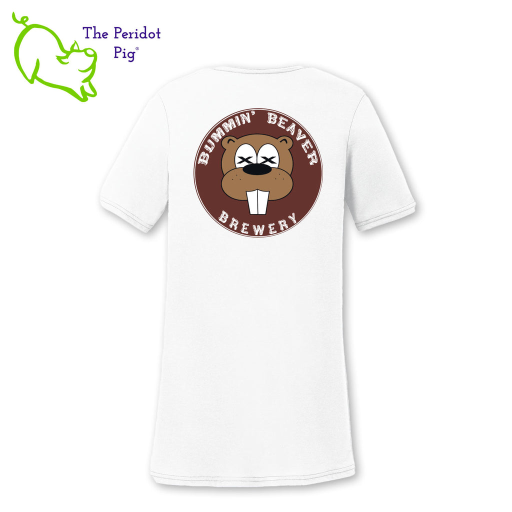 These t-shirts have a great weight and a super, soft feel. Made with a flattering v-neck, taped seams and a loose cut. The front features the Bummin' Beaver Brewery logo and the back has a larger version of the logo. Back view in White shown.