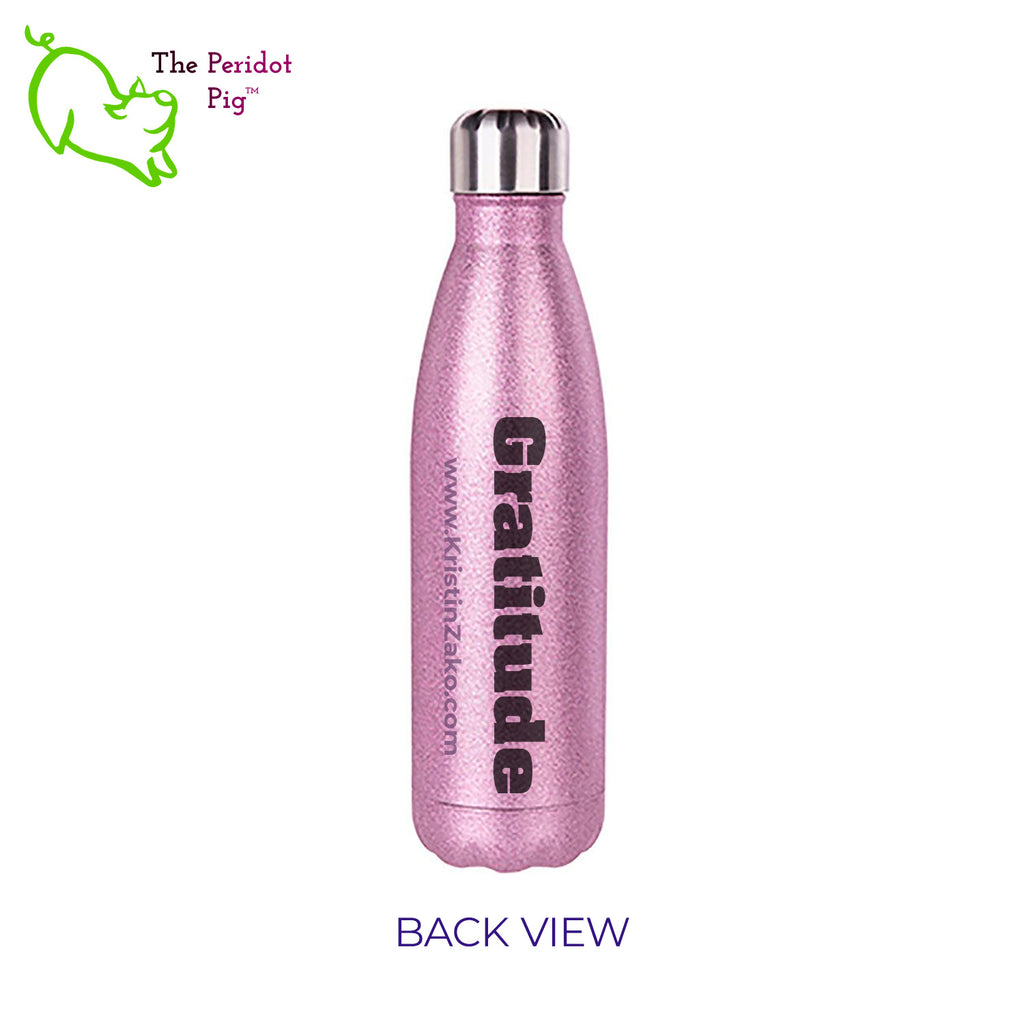 This 17 oz glitter cola-shaped water bottle features the word "Gratitude" in bold black lettering on both front and back. It has a screw top with a replaceable gasket and easily fits in cupholders or your backpack. Back view showing pink.