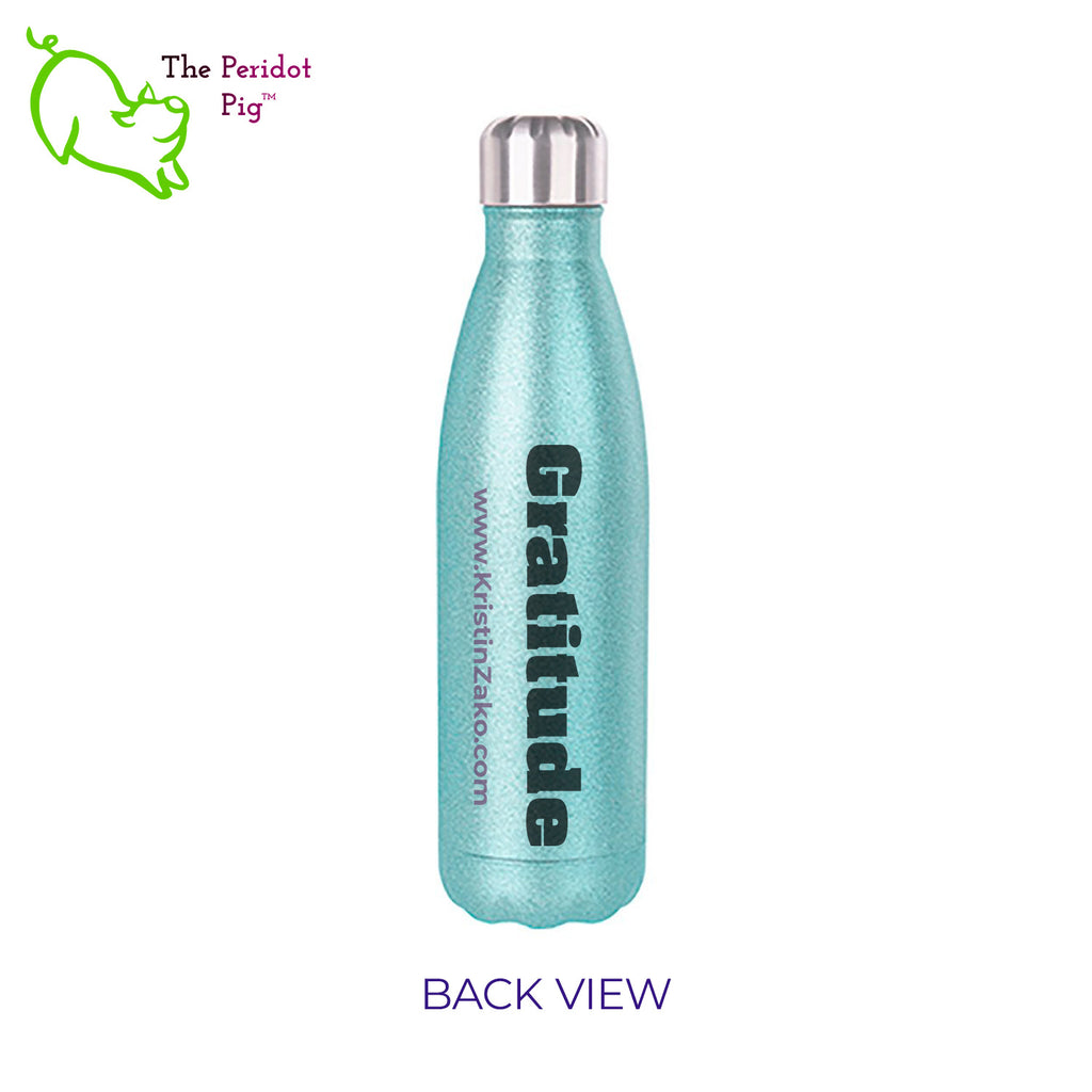 This 17 oz glitter cola-shaped water bottle features the word "Gratitude" in bold black lettering on both front and back. It has a screw top with a replaceable gasket and easily fits in cupholders or your backpack. Back view showing turquoise.