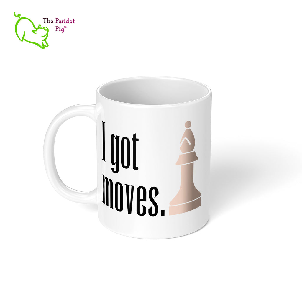 These bright white mugs are perfect for the chess fan. Bishop - I've got moves. Left view.