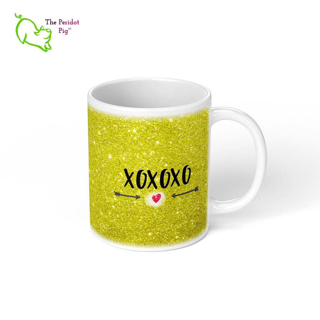 These shiny white gloss mugs feature a detailed, sparkly print that can be customized for that special glitter person in your life. Available in six different colors if you're not into pink, sparkling things. On the back, it has a simple XOXOXO (hugs and kisses). Gold right view.
