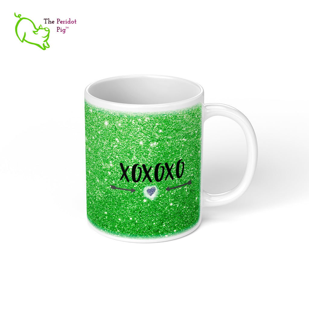These shiny white gloss mugs feature a detailed, sparkly print that can be customized for that special glitter person in your life. Available in six different colors if you're not into pink, sparkling things. On the back, it has a simple XOXOXO (hugs and kisses). Green right view.