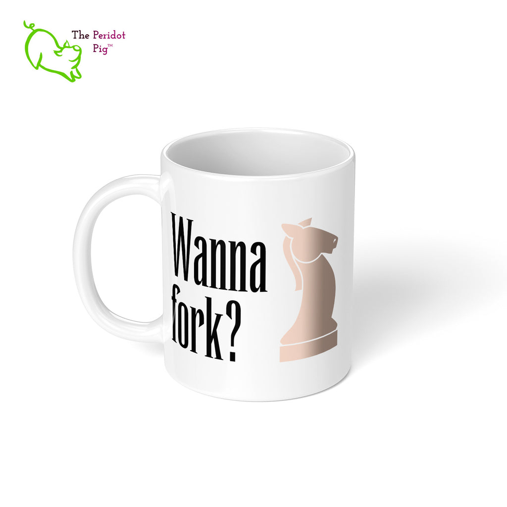 These bright white mugs are perfect for the chess fan. Knight - Wanna fork? Left view.