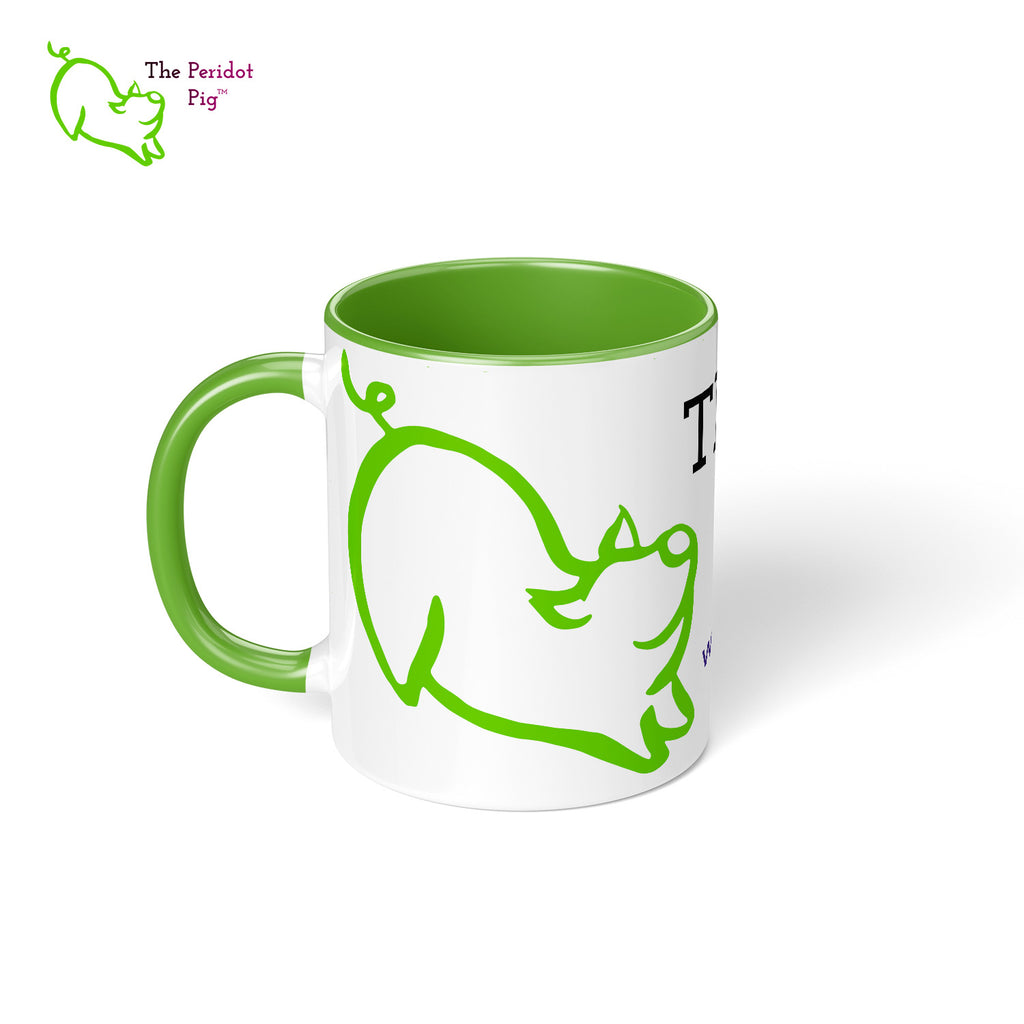 The Peridot Pig Logo Mug with green interior and handle. Left View