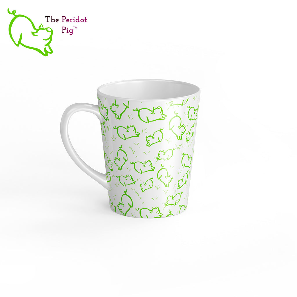 Peri's perky little peridot self is frolicking across this mug. Frolicking so much that you have to call it dancing a pig jig. These latte mugs have a distinctive shape and can be purchased in either a 12 oz or 17 oz size. Left view 12 oz.