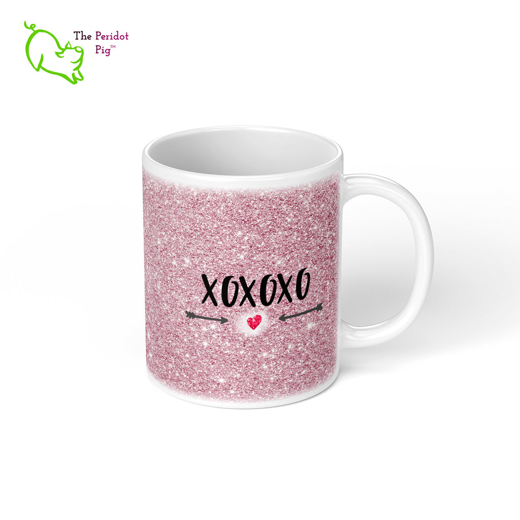 These shiny white gloss mugs feature a detailed, sparkly print that can be customized for that special glitter person in your life. Available in six different colors if you're not into pink, sparkling things. On the back, it has a simple XOXOXO (hugs and kisses). Pink view showing example name Caroline. Right view.
