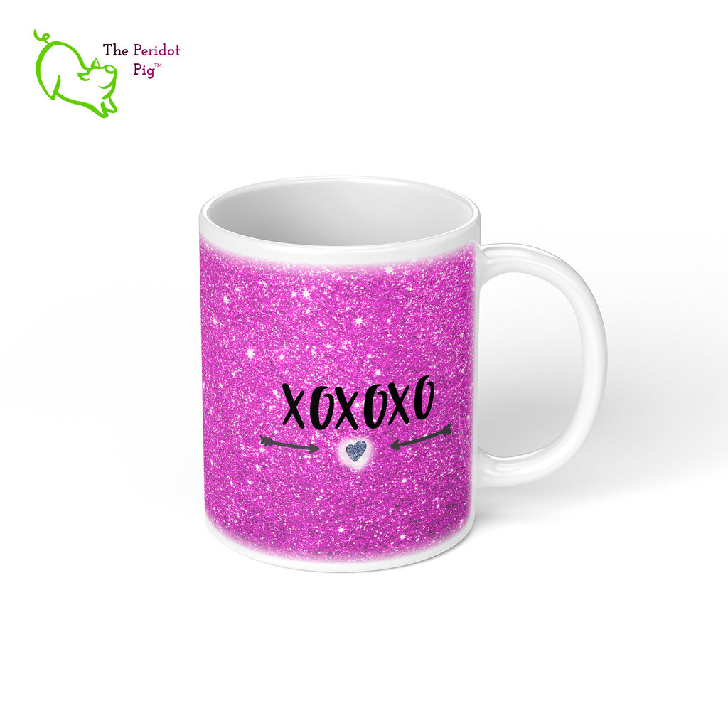 These shiny white gloss mugs feature a detailed, sparkly print that can be customized for that special glitter person in your life. Available in six different colors if you're not into pink, sparkling things. On the back, it has a simple XOXOXO (hugs and kisses). Purple right view.