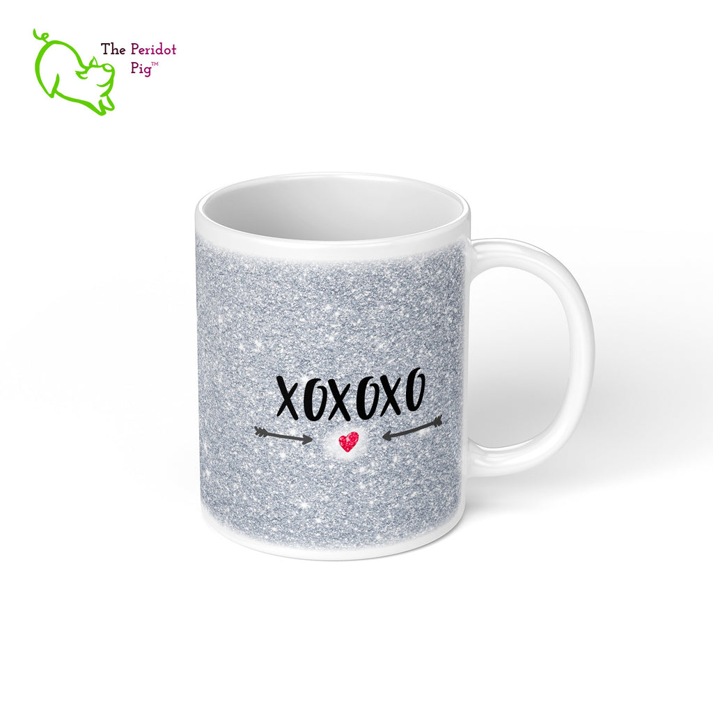These shiny white gloss mugs feature a detailed, sparkly print that can be customized for that special glitter person in your life. Available in six different colors if you're not into pink, sparkling things. On the back, it has a simple XOXOXO (hugs and kisses). Silver Right view.