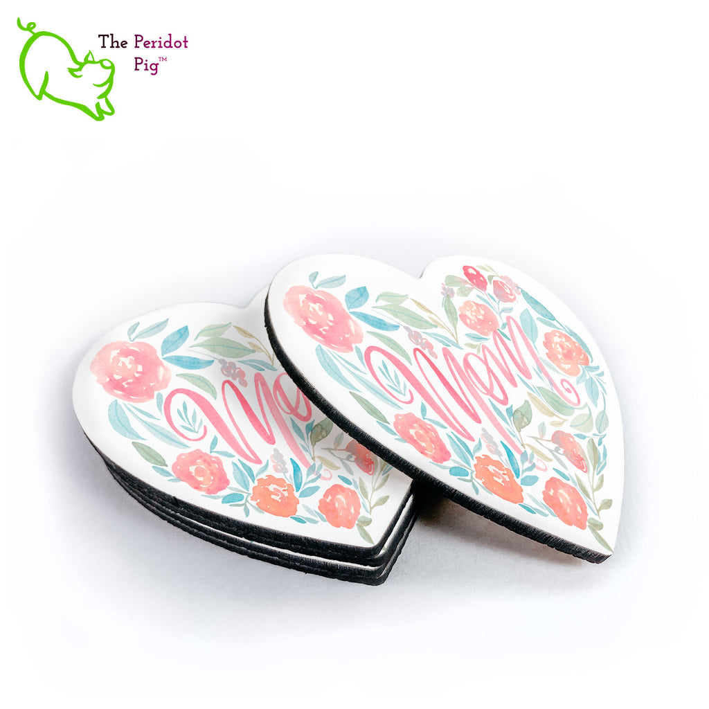 This lovely set of four heart-shaped coasters is the perfect gift for Mom. Each is printed with a floral heart wreath with the word, Mom, in the center. The coasters are printed in a durable ink that won't fade over time. Shown in a stack with one to the side.