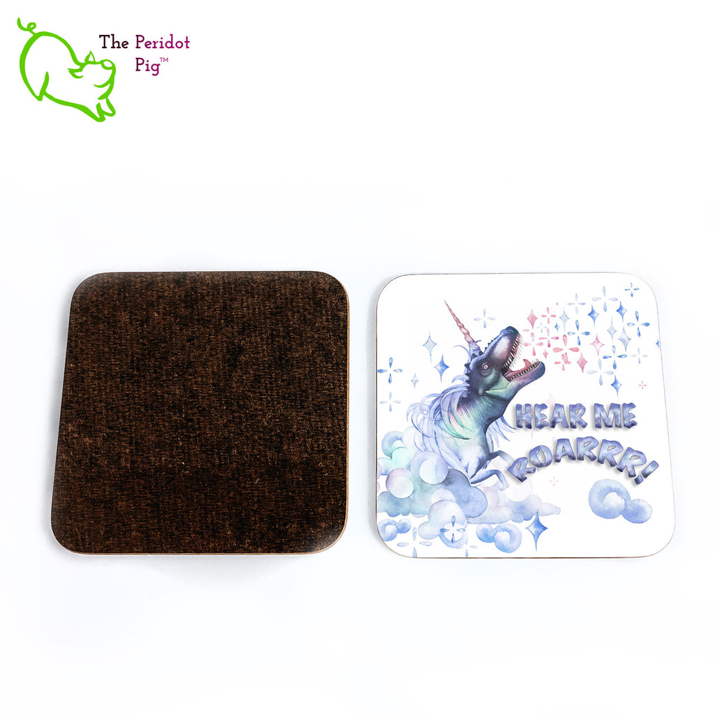 This set of four square coasters is printed in bright colors on either a matte or a gloss coaster. They say "hear me roar" in bright watercolor print. The coasters are printed in a durable ink that won't fade over time. Shown front and back view.