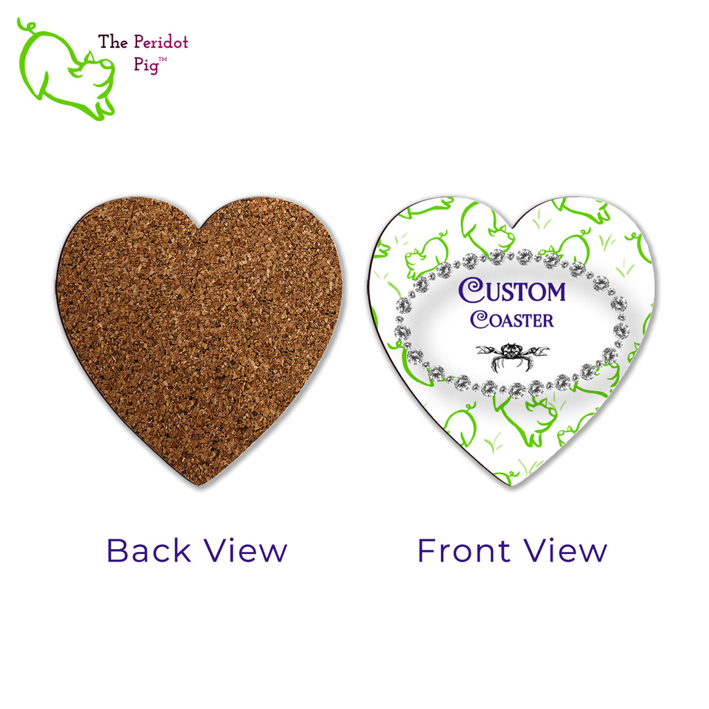Front and back view of a heart shaped coaster with a sample image.