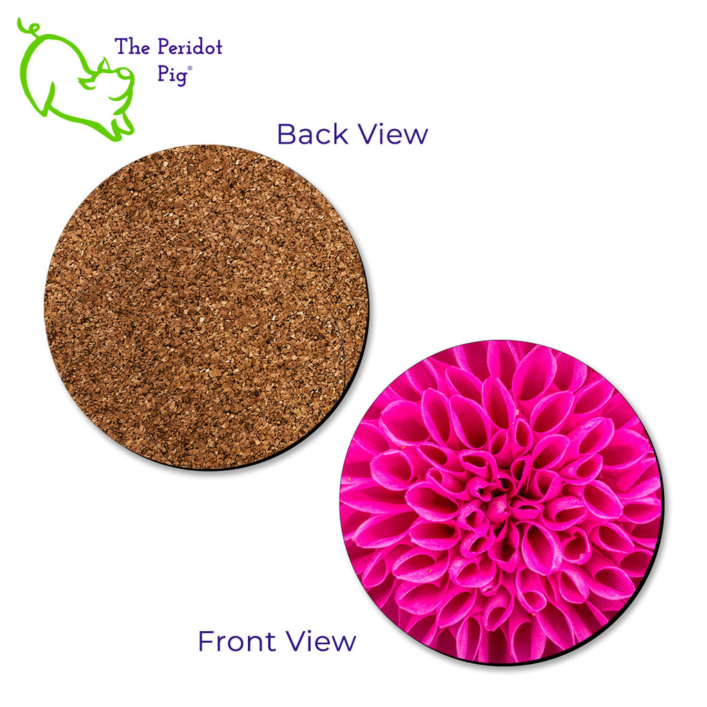 Our neighbor has been fascinated with dahlias this season. We decided to make a set of coasters to tide her over until Spring. This set of four round coasters features closeups of dahlias. Each coaster features a different floral varietal. Showing front and back views.