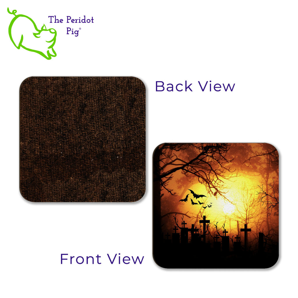 Just in time for the Halloween season! The set of four is printed in bright colors on either a matte or a gloss coaster. They feature creepy graveyard scenes for a subtle accessory on your coffee table. The coasters are printed in a durable ink that won't fade over time. Perfect for both hot and cold beverages. Available in gloss or matte finish. Front and back shown.