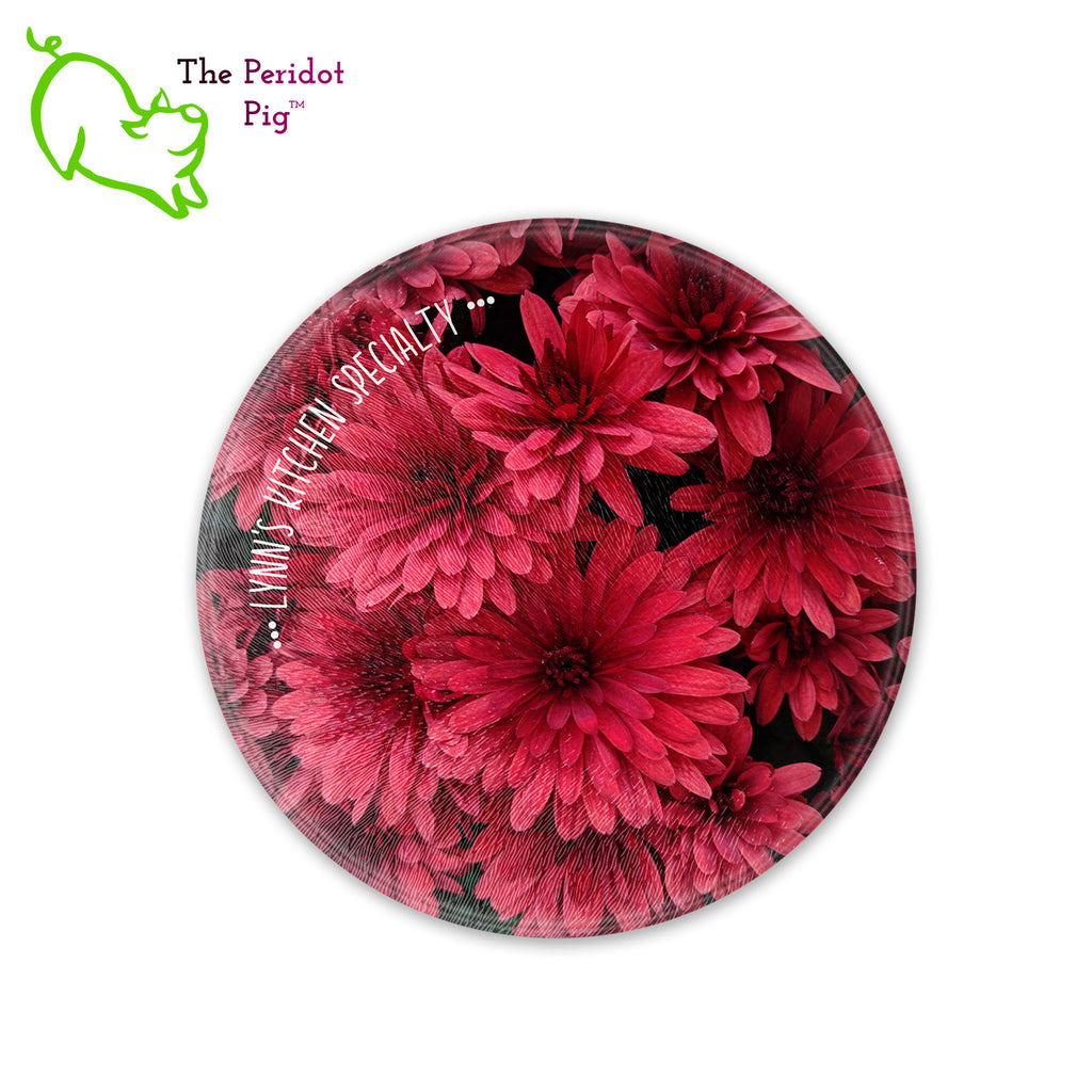 This beautiful tempered glass cutting board is a wonderful keepsake!  It can be personalized with names, quotes or dates. This one features bright pink dahlias in a vivid and detailed print. Perfect for cutting or using as a serving board! Front view with sample text.