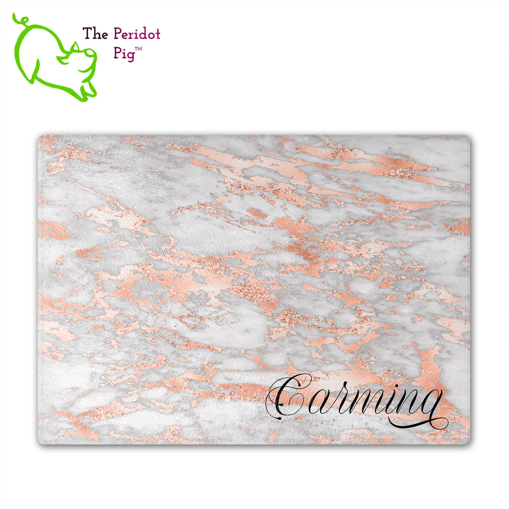 These beautiful tempered glass cutting boards are a wonderful keepsake!  They can be personalized with names, quotes or dates. These feature swirling marbles in rose gold and glitter foil in a vivid and detailed print. We prefer a scrolling script for the personalization in this design. There is also a little bling under the name included too. Front view with sample text. Style B