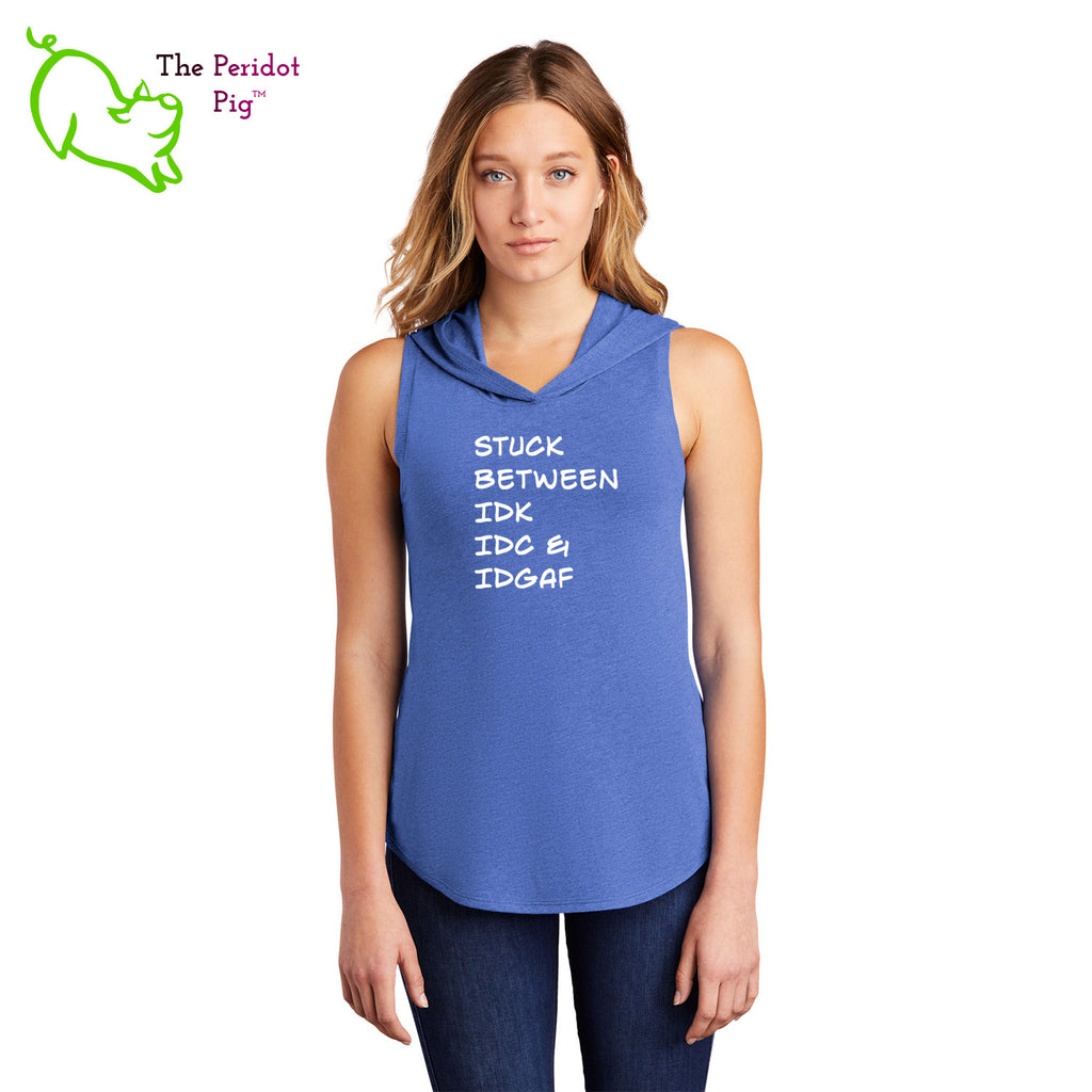 Meant for the truly apathetic type with a sense of humor. This sweet little hoodie tank is super soft, lightweight, and form-fitting (but not too tight in the mid-section) with a flattering cut. The arm holes have a finished rib knit edging. The front features white vinyl letttering that states, "Stuck between IDK IDC & IDGAF". The back is blank. Front view shown in blue.