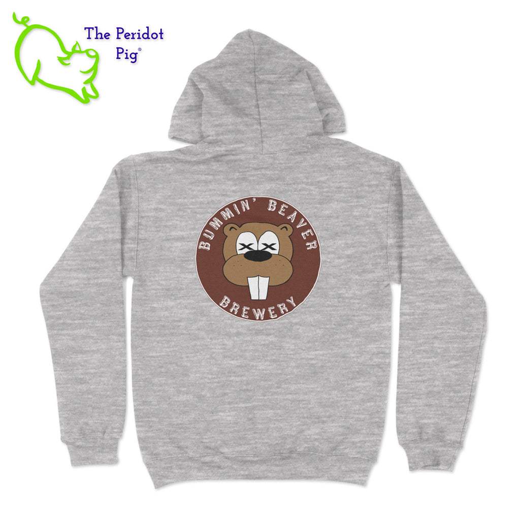 A standard pullover hoodie. The Bummin' Beaver logo is on the front. The text "Bummin' Beaver Brewery" and "Auburn Township, Ohio" is on the back.Back view shown in Sport grey.