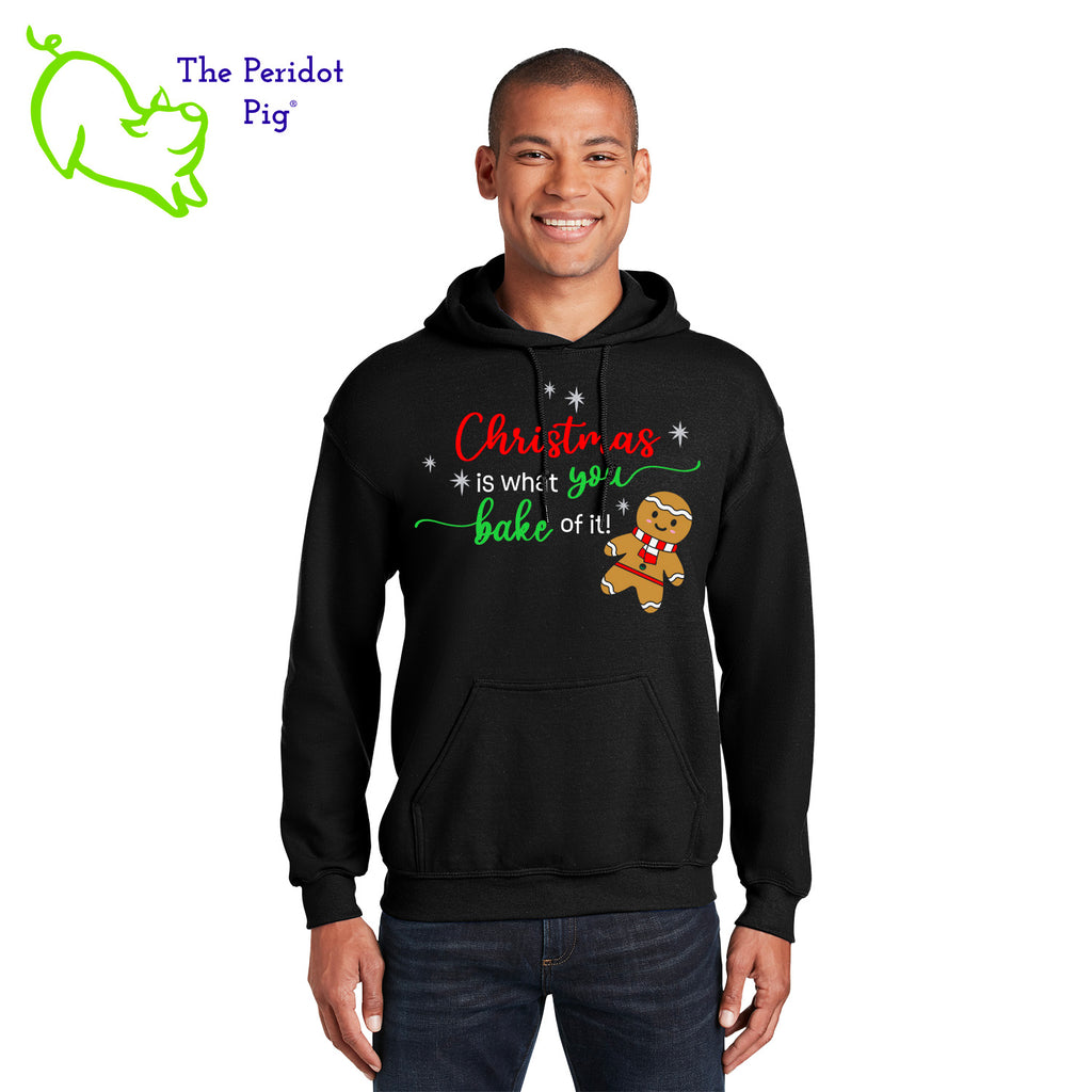 Looking for a special gift for the baker in your life? Here's a fun Christmas treat for them! The front says, "Christmas is what you bake of it" in bright festive colors. There are sparkly silver stars and a cute ginger bread man. The back is undecorated. Front view shown.