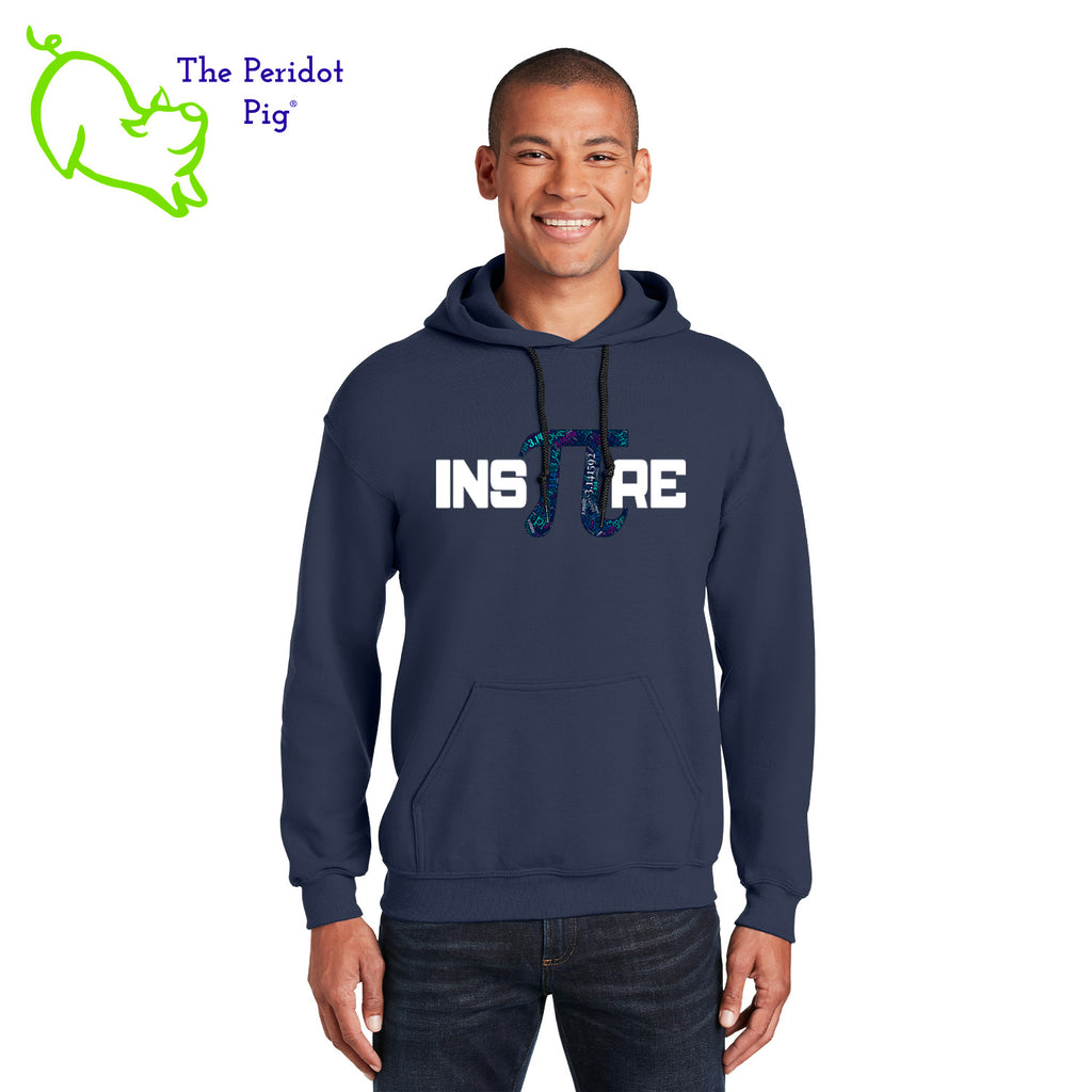 This warm, soft hoodie features our PI day InsPIre theme in vivid print on the front. It's available in four colors to help celebrate PI in style. Front view shown in navy.