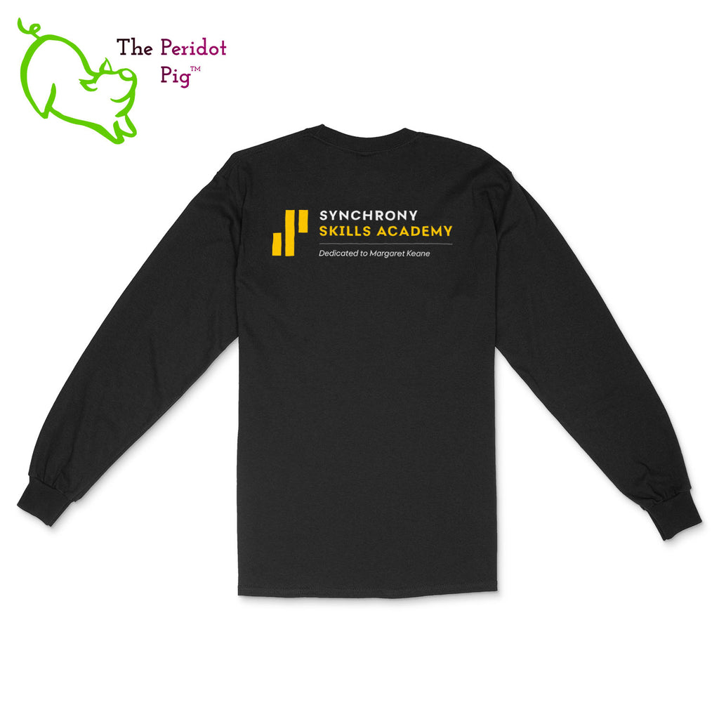 The Synchrony Financial Skills Academy Logo long sleeve shirt is made of 100% super soft cotton. The front features a small version of the logo on the left pocket area. The back has a larger version of the logo. Back view in black.