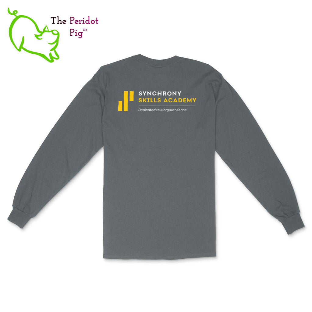 The Synchrony Financial Skills Academy Logo long sleeve shirt is made of 100% super soft cotton. The front features a small version of the logo on the left pocket area. The back has a larger version of the logo. Back view in Charcoal.