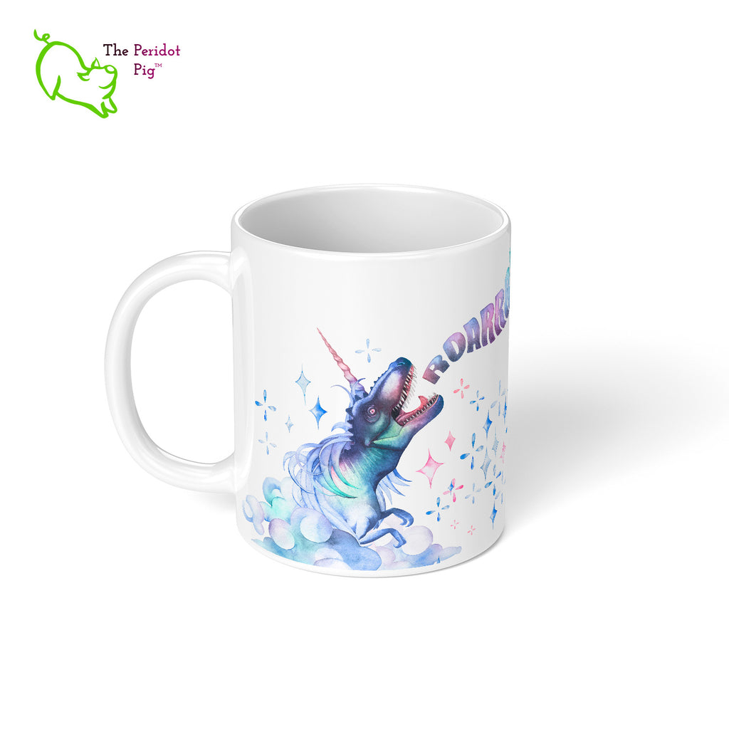 When you need a gift (or a treat for yourself) for someone who is fierce like a T-Rex and unique like a unicorn, check out this awesome desk set of products! It comes with a round mouse pad, a matching 11 oz mug and a coaster in either gloss or matte finish. Closeup of the left side of mug.