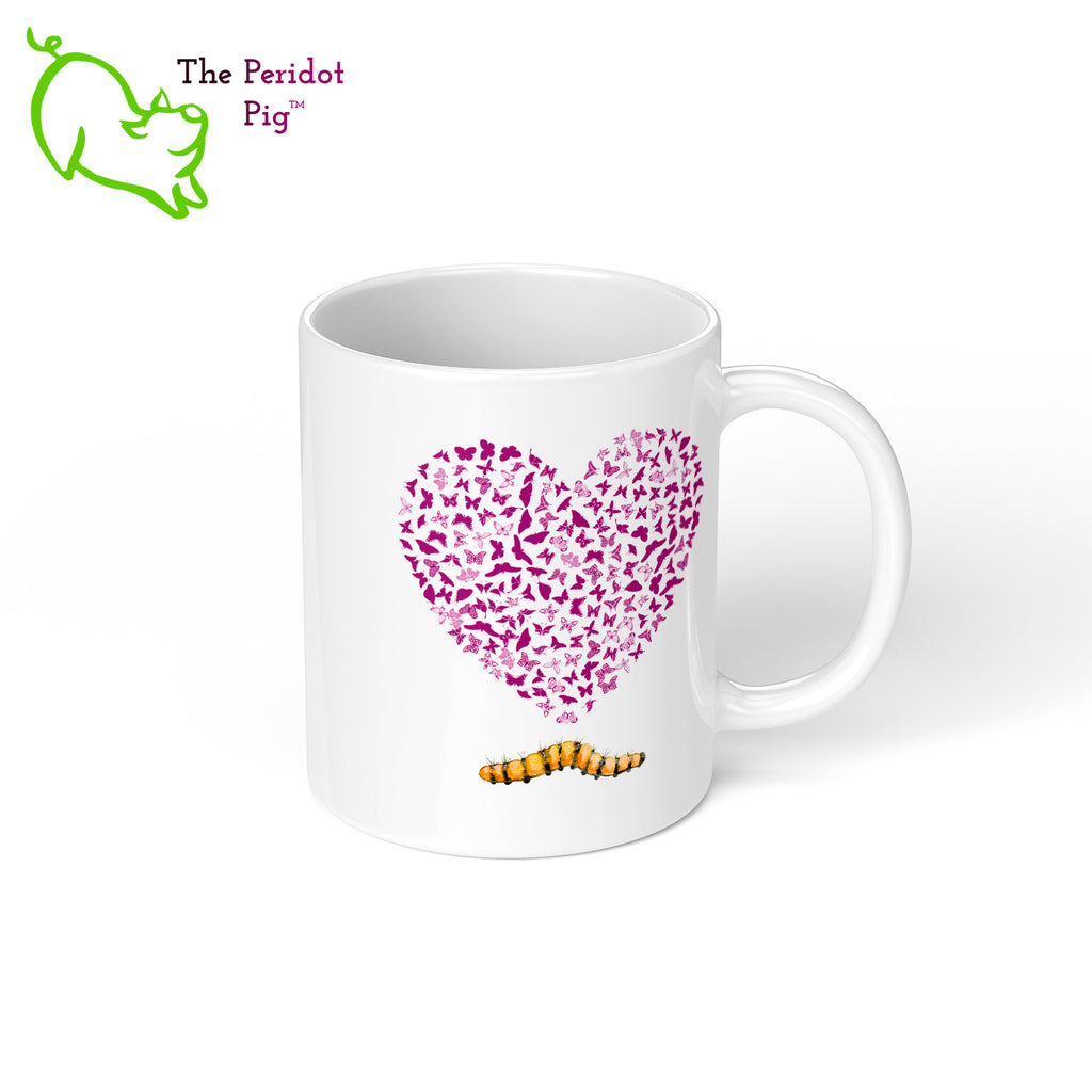 If your dad likes insects, this fun little mug is the perfect gift. Celebrate Father's day with a gift that embraces those little pollinators. The mug says, "Best Dad Ever!" on the front. On the back, it has a heart filled with butterflies and a little caterpillar underneath. Right view.