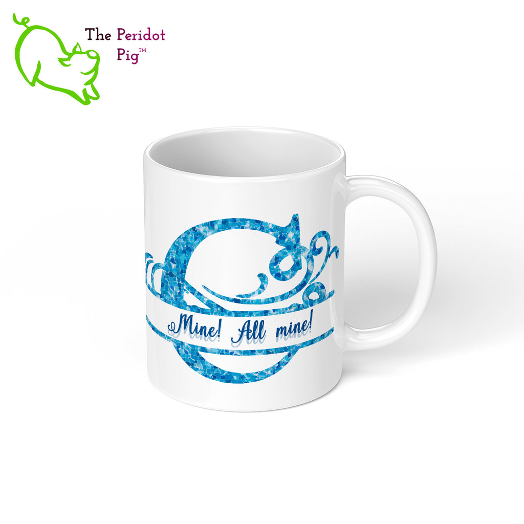 Sometime you just need a mug that screams, "hands off, Rob, that's MY mug!".  What better way than with a large monogram on both sides of this 11 oz mug. The monogram and print is in a bright cheerful tropical waters blue pattern. Right view with example text.