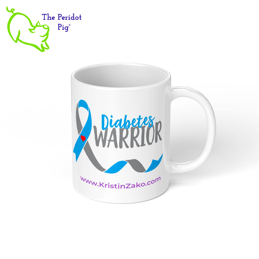 November is National Diabetes Month and these are the perfect mug to celebrate Diabetes awareness. Printed using vivid sublimation inks, these mugs won't fade or peel over time. The text says "Diabetes Warrior" with the Diabetes blue and gray ribbon featured on both front and back. Kristin Zako's home page URL is called out on both sides. Right view shown.