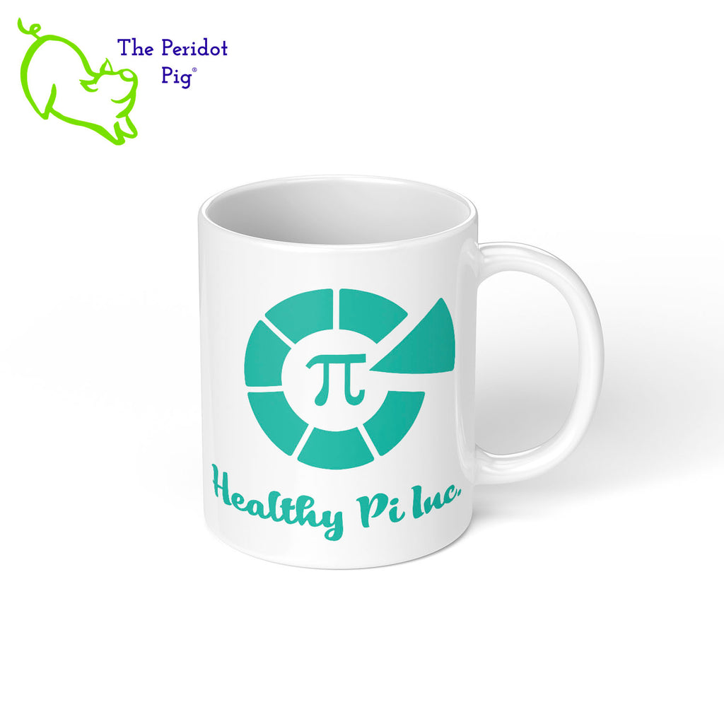 Why only celebrate PI day once a year? You can use our InsPIre mug every day! This mug features our PI inspire motif and the Healthy Pi Inc logo printed in vivid color on a white, glossy ceramic mug. Right view shown.
