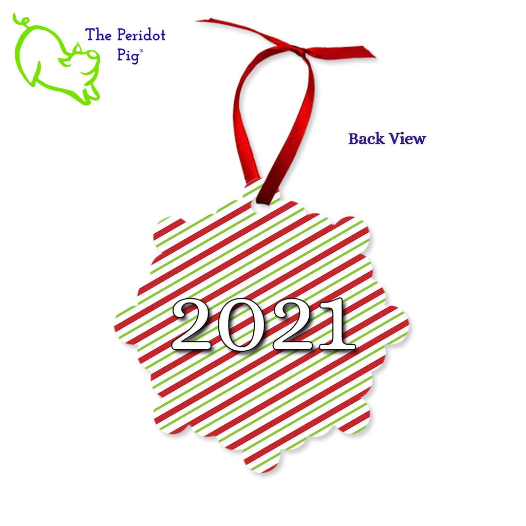 Create a beautiful keepsake ornament for the holidays! These aluminum ornaments can be printed in vivid color with the photo or artwork of your own choice. Both sides can be customized. The ornament is light weight for hanging on the tree and comes with a ribbon hanger. We've shown them here with the year on the back with a fun Christmas candy stripe pattern. On the front, choose from 5 different border styles. Shown back view.