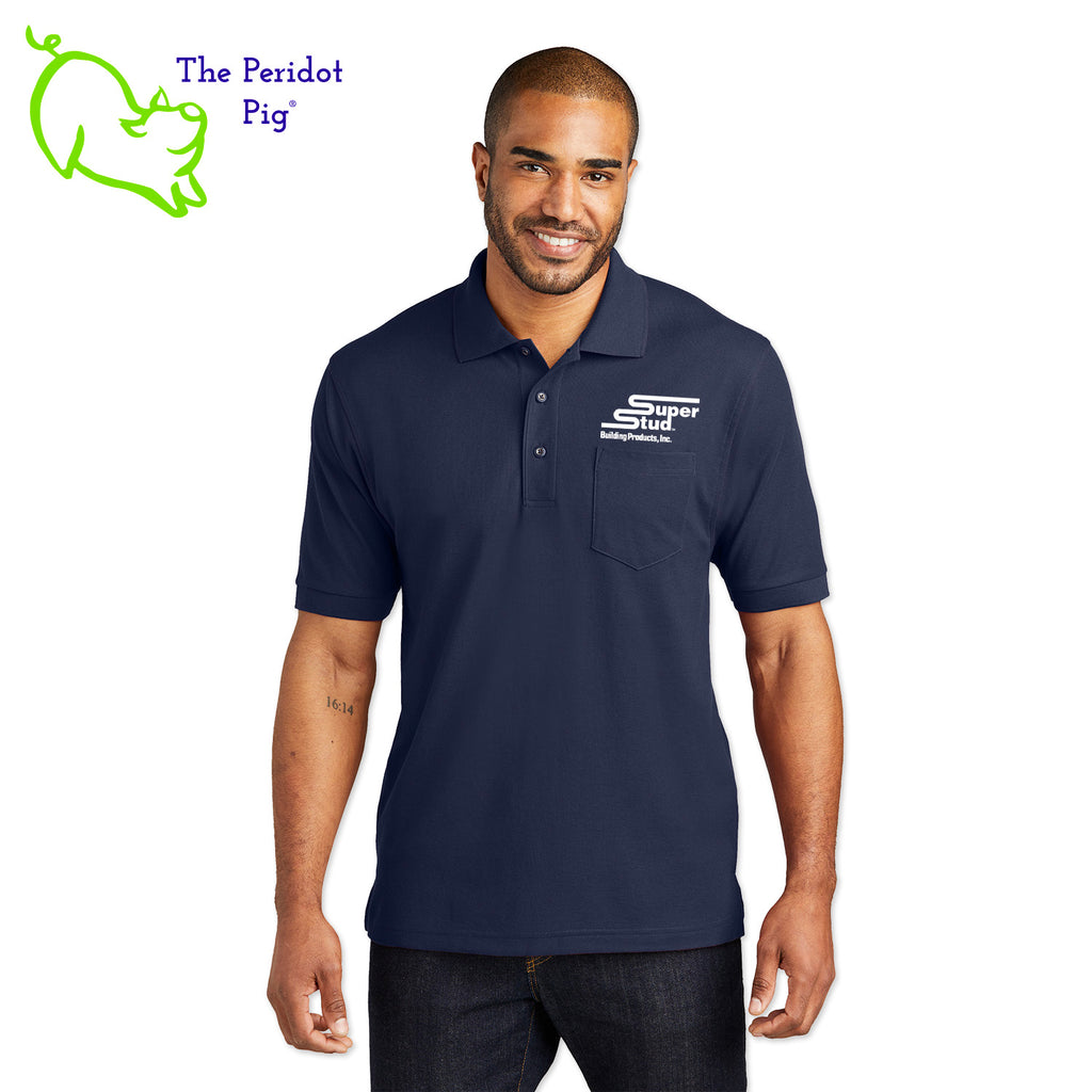 Our popular Silk Touch™ polo—enhanced with a left chest pocket. This one features the Super Stud logo above the pocket. Front view shown in Navy.