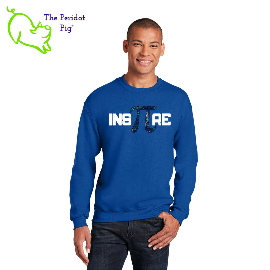 This warm, soft crewneck sweatshirt features our PI day InsPIre theme in vivid print on the front. It's available in four colors to help celebrate PI in style. Front view shown in royal.