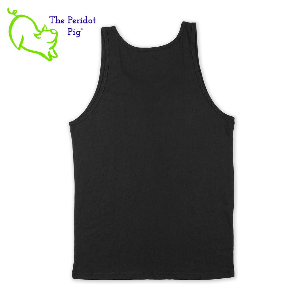 This unisex tank top boasts a nice drape, which is ideal for layering or dealing with the summer heat. The shirt features Kristin Zako's logo on the front in bright blue and purple colors on a white glitter vinyl print. The back is blank. Back view in black.
