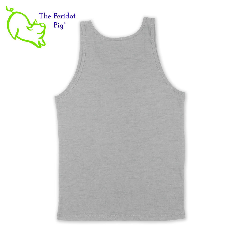 This unisex tank top boasts a nice drape, which is ideal for layering or dealing with the summer heat. The shirt features Kristin Zako's logo on the front in bright blue and purple colors on a white glitter vinyl print. The back is blank. BAck view in gray.